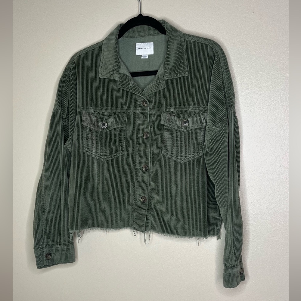 American Eagle Green Corduroy Cropped Raw Hem Oversized Jacket - M